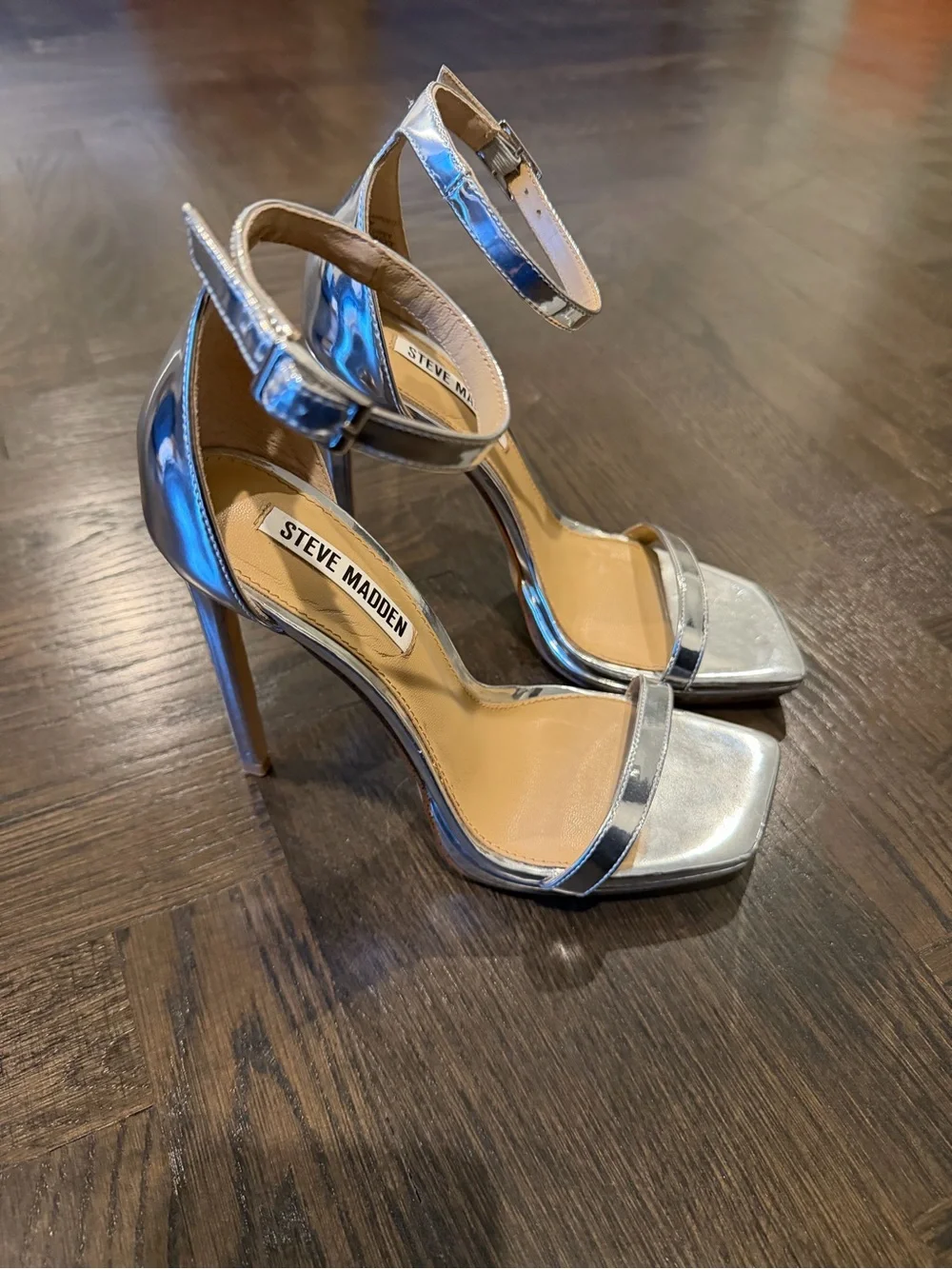 Steve Madden Silver Metallic Ankle-Strap Stiletto Sandals